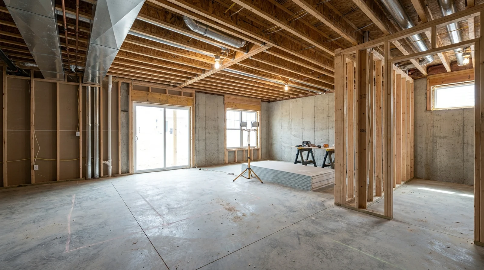 Family room, kitchenette & full bath — unfinished basement before