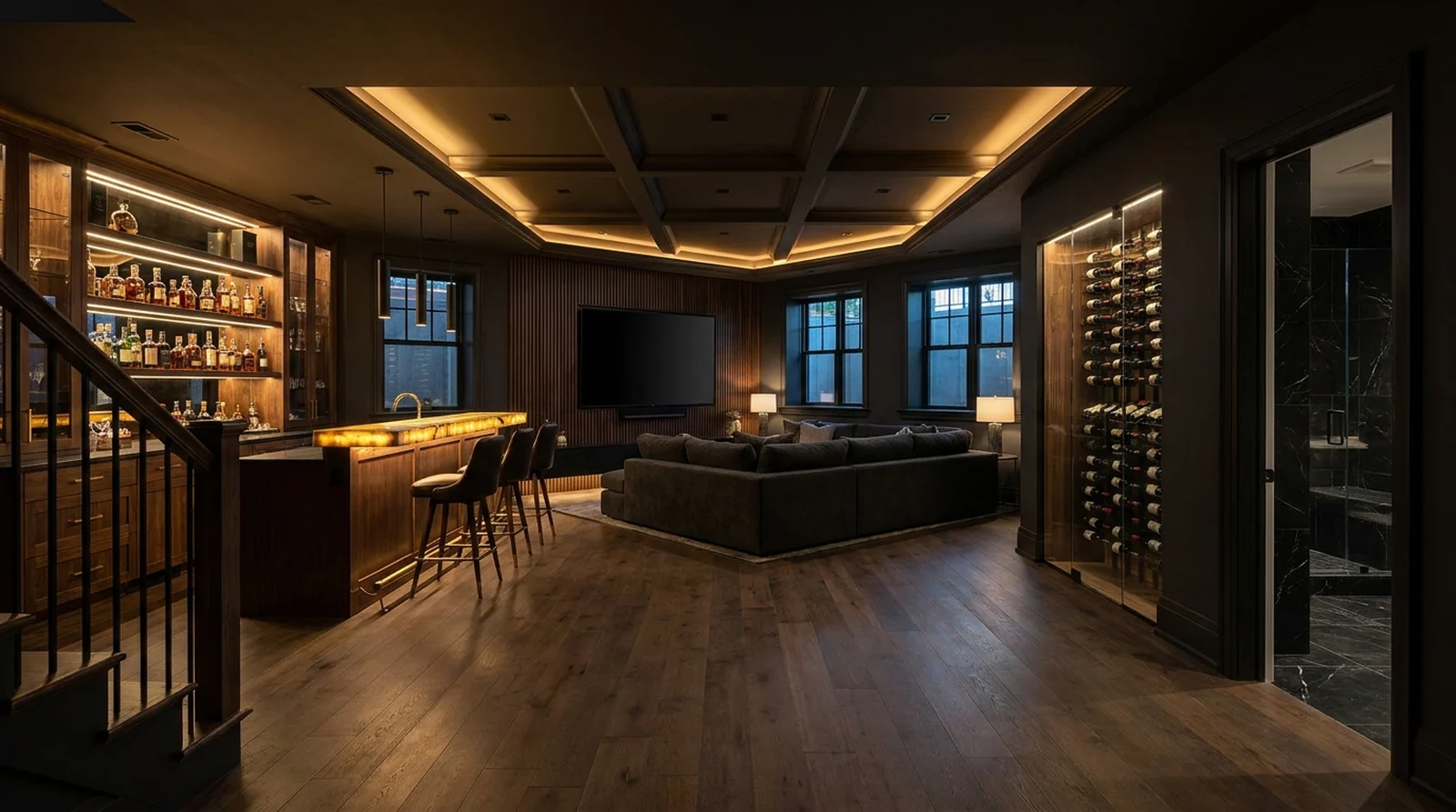 Wet bar, home theater & wine display — finished basement design concept by AmeriPro Remodeling