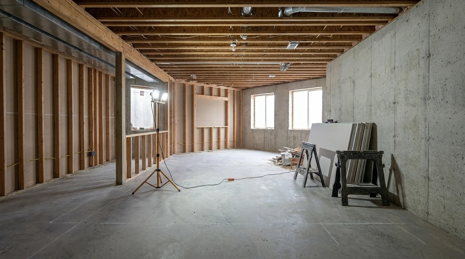 Wet bar, home theater & wine display — unfinished basement before