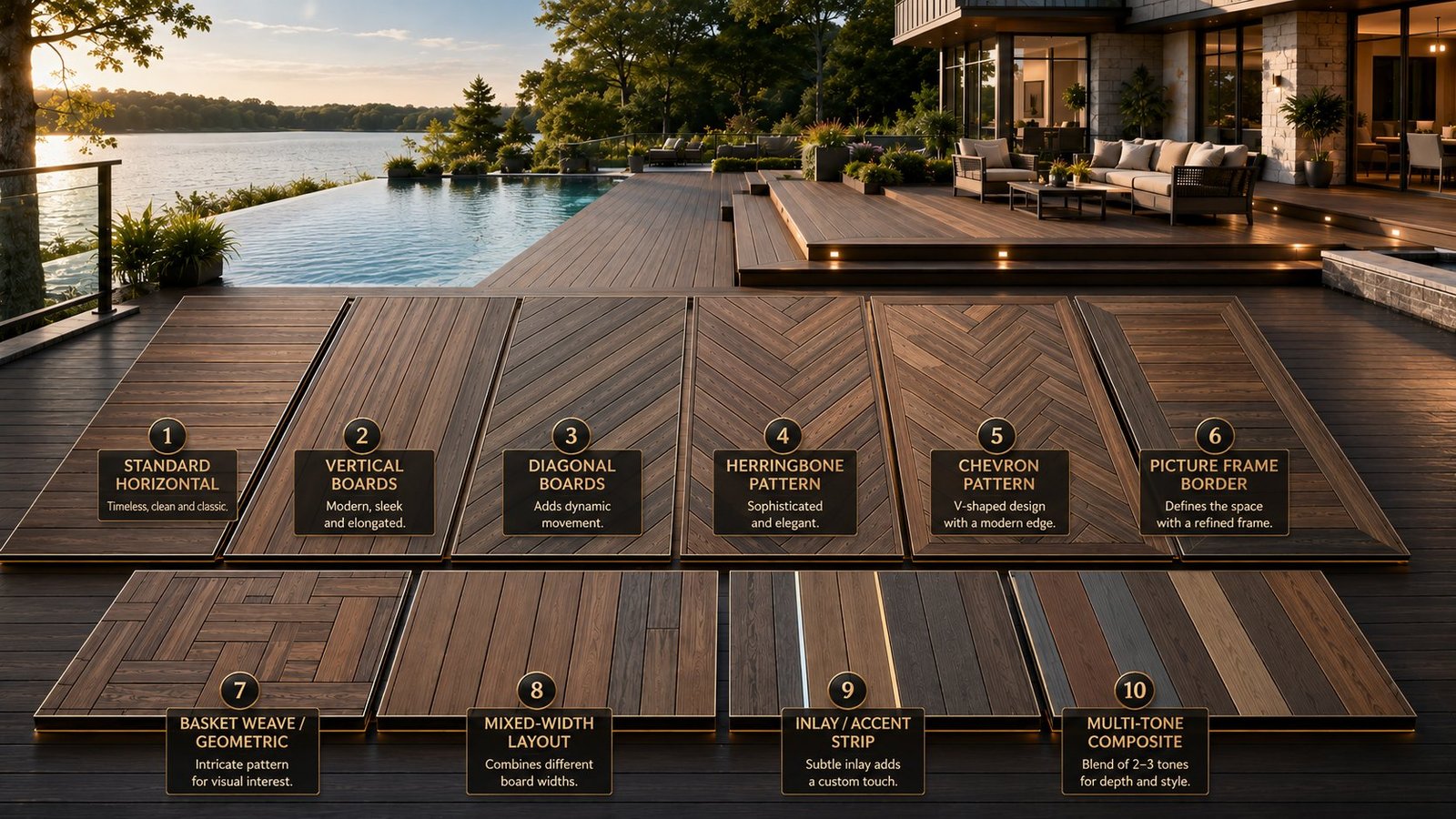 Deck board layout patterns we install — standard horizontal, vertical, diagonal, herringbone, chevron, picture frame, basket weave, mixed-width, inlay accent, multi-tone composite