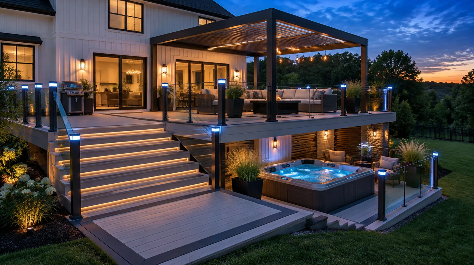 Two-level composite deck with glass railings, louvered pergola, LED lighting and hot tub - design yours in the AmeriPro 3D Deck Designer