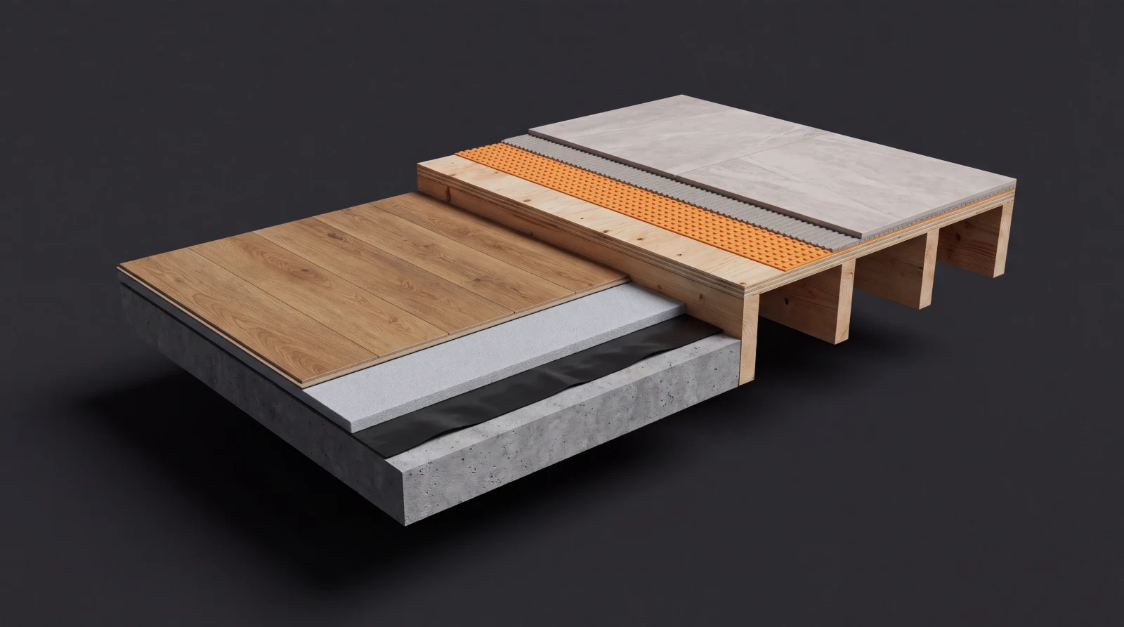 Cutaway of two floor assemblies: concrete slab with vapour barrier, acoustic underlayment and luxury vinyl plank; and wood joists with plywood subfloor, uncoupling membrane, thinset and porcelain tile