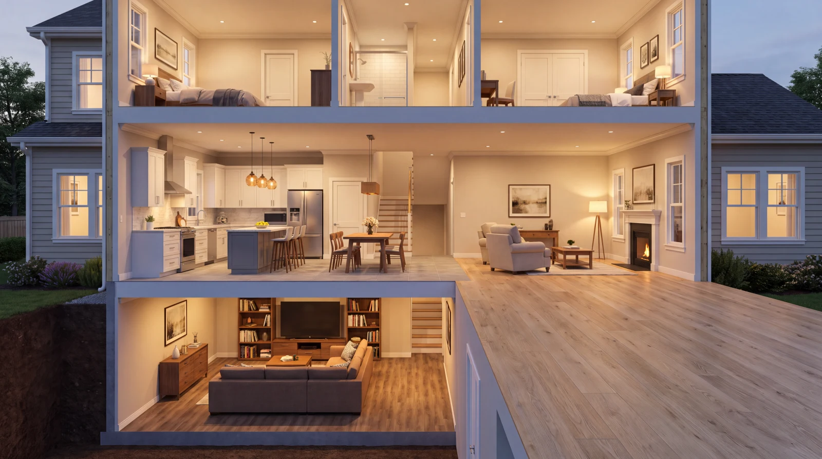 Cutaway of a Maryland home showing luxury vinyl plank in the basement, porcelain tile in the kitchen and engineered white oak in the living room