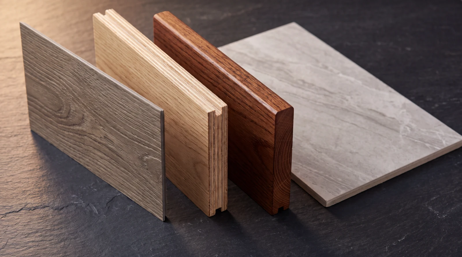 Four flooring samples side by side: luxury vinyl plank, engineered white oak, solid red oak and large-format porcelain tile, with the cut edges showing each one's construction