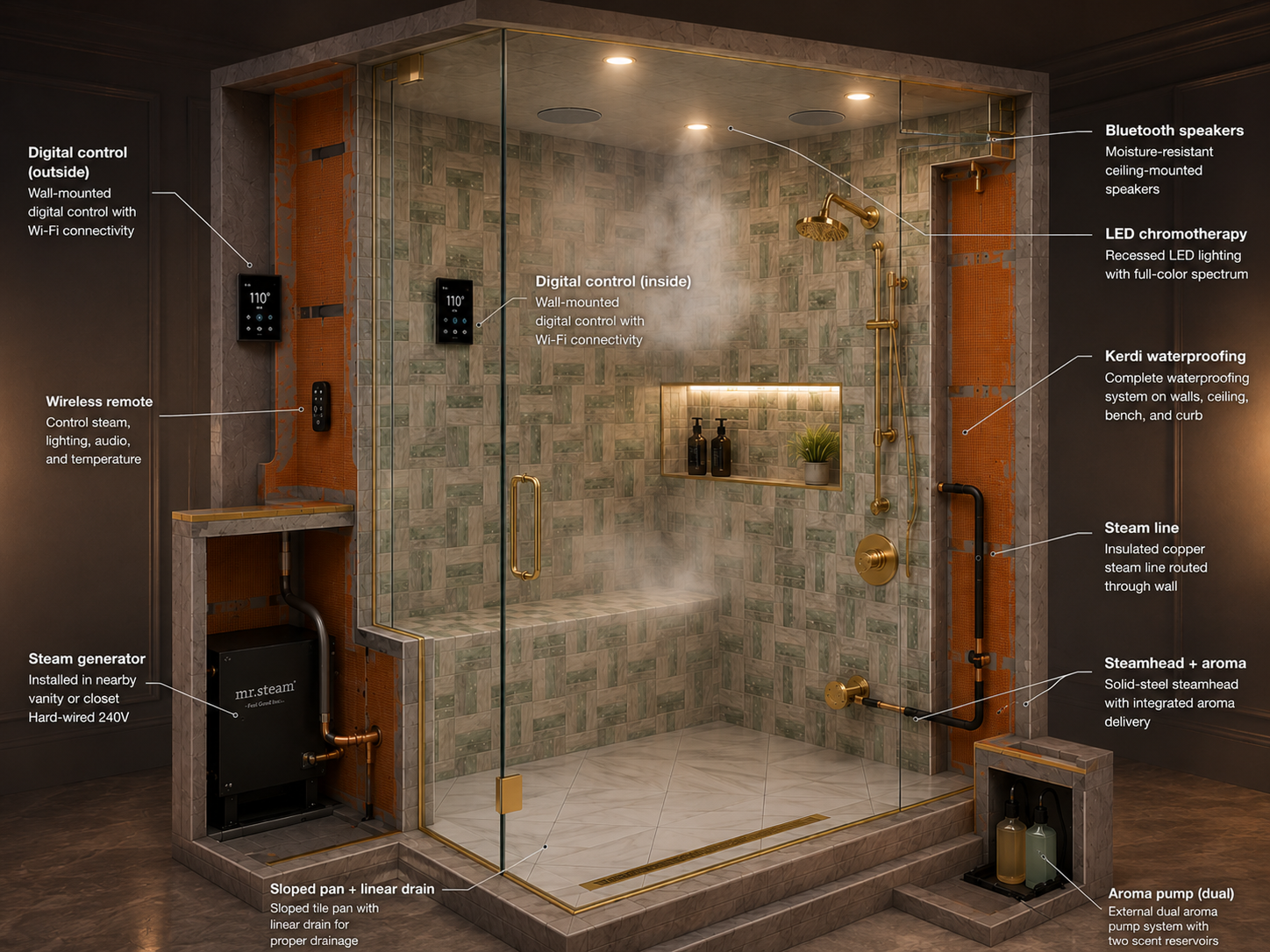Steam shower installation cutaway — how it works