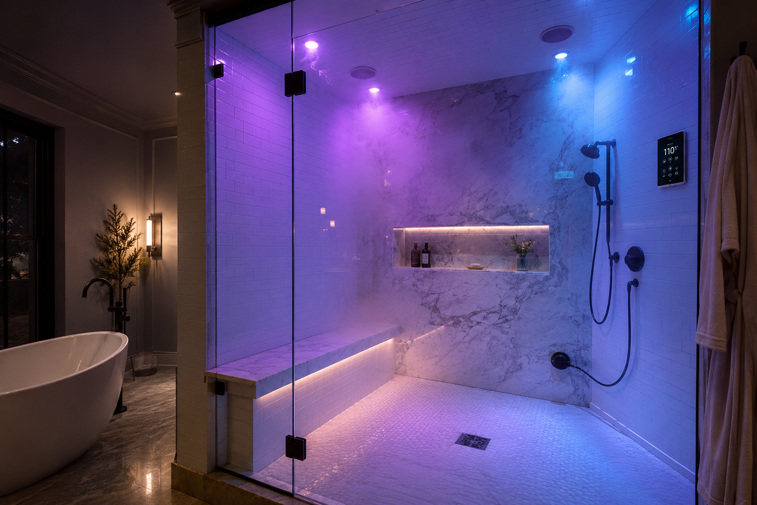 Finished spa-grade steam shower with chromotherapy lighting